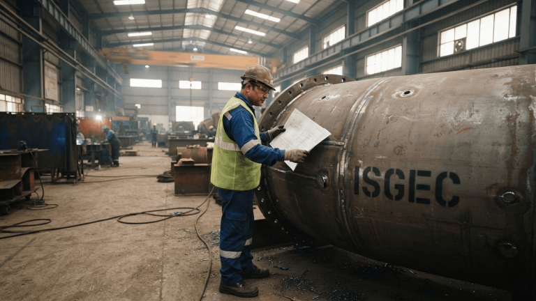 A worker in safety gear examines a large steel vessel in a factory, with 'ISGEC' stenciled on the metal surface.