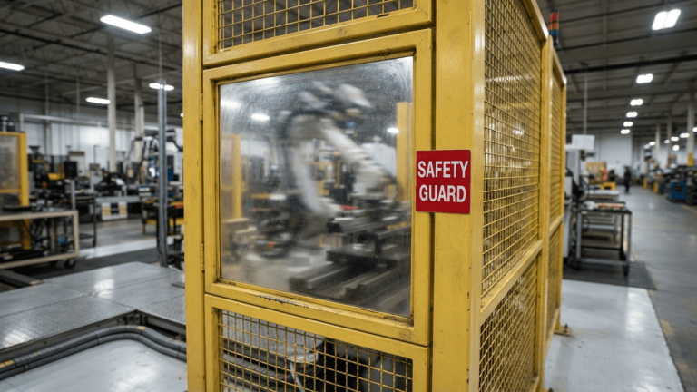 A close-up of a yellow metal safety enclosure with a clear viewing panel surrounding a robotic arm in a factory.
