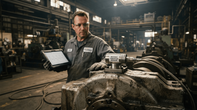A close-up of an industrial vibration sensor on a machine, with a technician in the background holding a tablet.