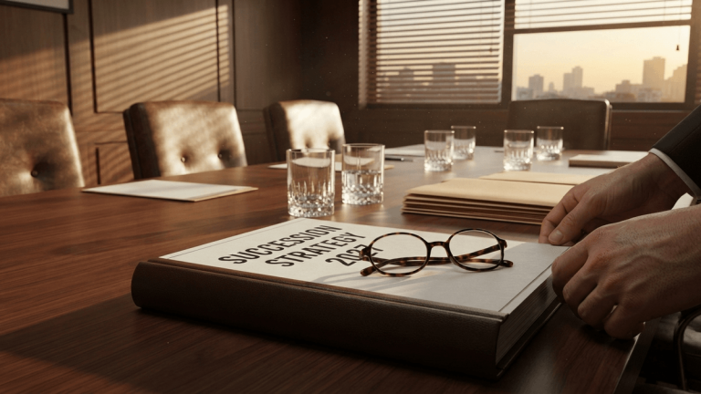An open document titled 'SUCCESSION STRATEGY 2027' sits on a mahogany boardroom table in a quiet office.