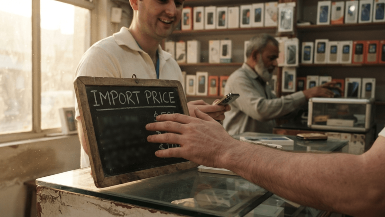 A close-up of a chalkboard in an electronics store with the text 'IMPORT PRICE' partially covered by a hand.