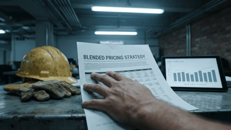A printed document titled 'BLENDED PRICING STRATEGY' sits on a desk next to work gear in an industrial office.