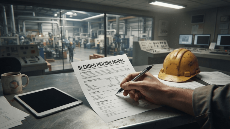 A close-up of a contract labeled 'BLENDED PRICING MODEL' sitting on a desk in an industrial control room.