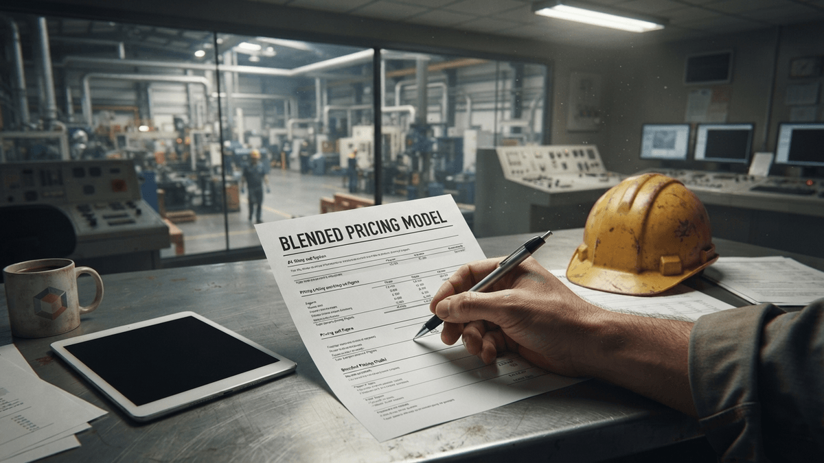 A close-up of a contract labeled 'BLENDED PRICING MODEL' sitting on a desk in an industrial control room.