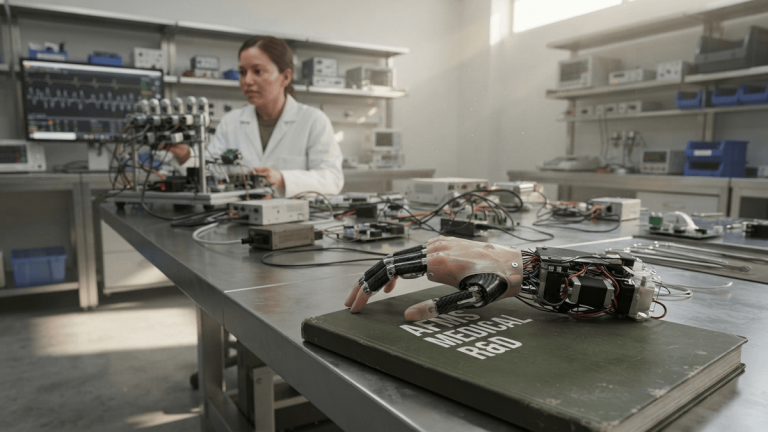 A bionic hand prototype rests on a military medical manual in a research lab with electronic components in the background.