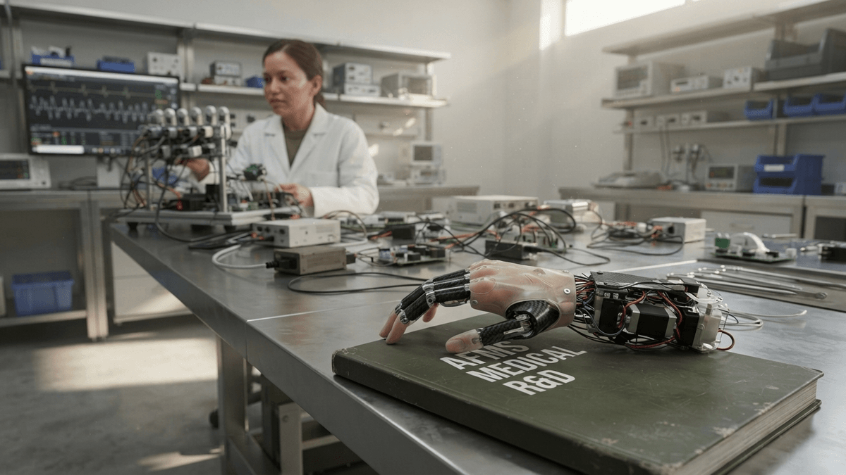 A bionic hand prototype rests on a military medical manual in a research lab with electronic components in the background.