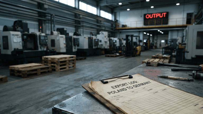 A dimly lit, quiet factory floor in Poland with empty shipping pallets and a clipboard on a workbench.