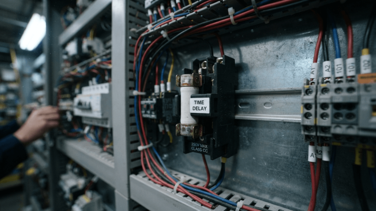 Close-up of an industrial slow-acting fuse in a control panel with a label reading TIME DELAY.