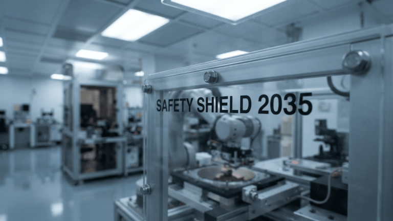 Close-up of a clear safety shield with a label reading 'SAFETY SHIELD 2035' protecting a robotic arm in a cleanroom.