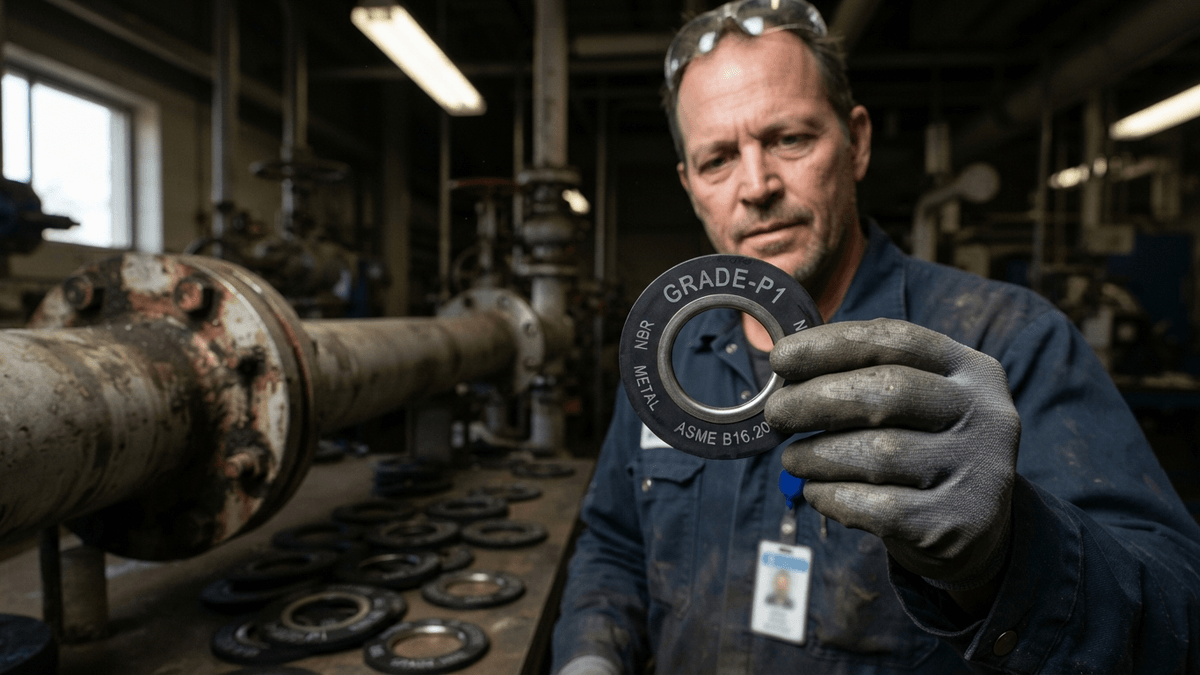 A close-up view of a reinforced nitrile gasket held in a technician's hand near a large industrial pipe flange.