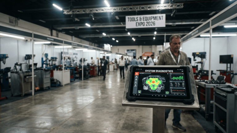 A diagnostic tablet at the Tools & Equipment Expo 2026 in Delhi showing engine health data.