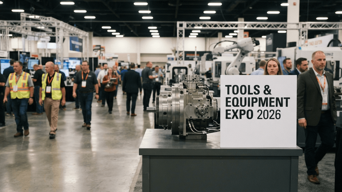 A metallic industrial component sits on a pedestal at the Tools & Equipment Expo 2026 with blurred attendees in the background.