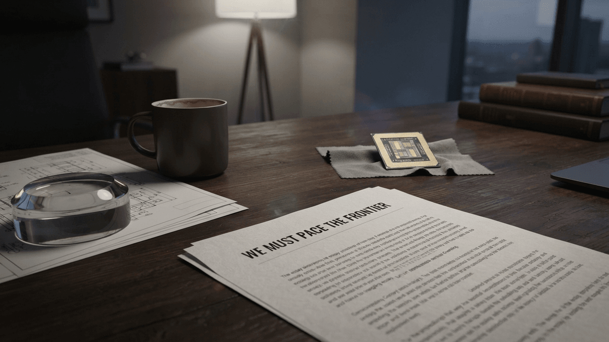 A printed essay titled 'We Must Pace the Frontier' sits on a desk next to an unbranded computer chip.