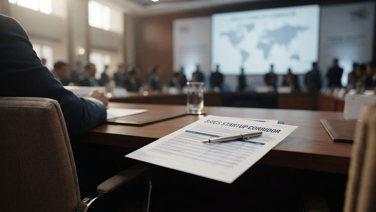 A document titled BRICS STARTUP CORRIDOR lies on a conference table with a fountain pen, with blurred attendees in the back.