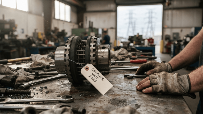 A close-up of a heavy-duty mechanical coupling on a workbench with a tag labeled 'COUPLING UNIT 2035'.