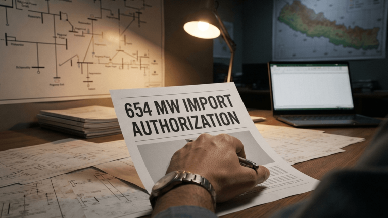 A close-up of a document titled '654 MW IMPORT AUTHORIZATION' resting on a desk in a dimly lit office.