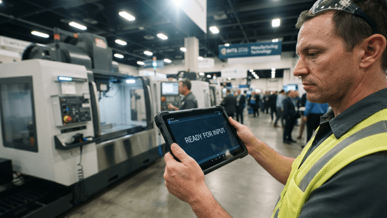 A worker uses a tablet to interact with a conversational AI interface on a factory floor at IMTS 2026.
