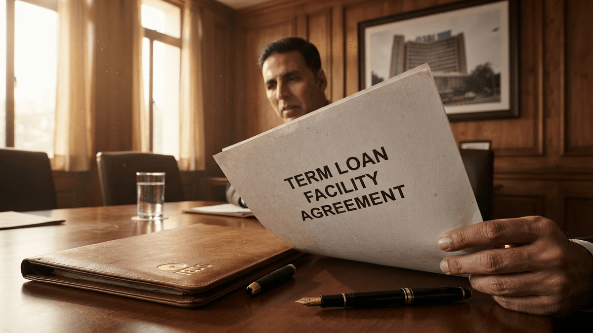 A formal document titled 'TERM LOAN FACILITY AGREEMENT' sits on a mahogany table in a boardroom.