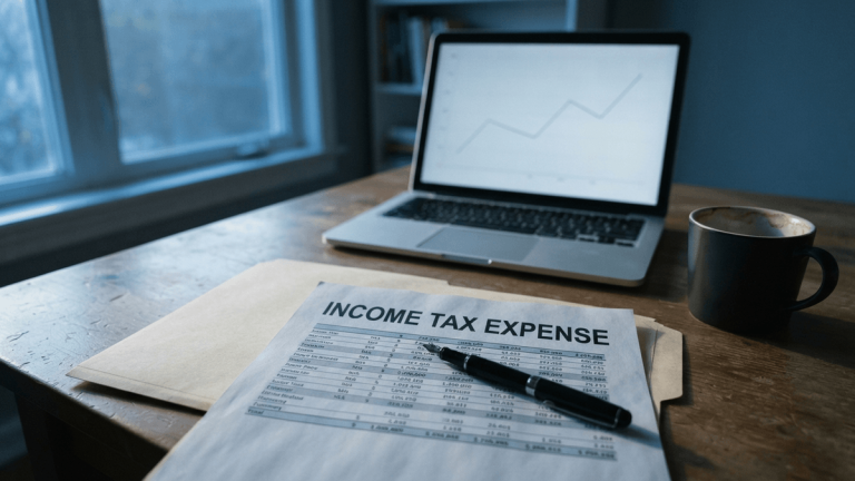A close-up of a printed financial document with the title INCOME TAX EXPENSE on a wooden desk near a laptop.