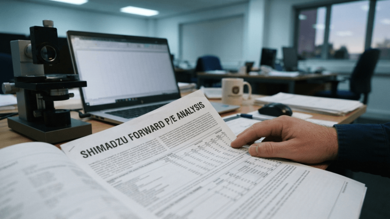 A printed report titled SHIMADZU FORWARD P/E ANALYSIS on a desk next to a precision instrument and a laptop.