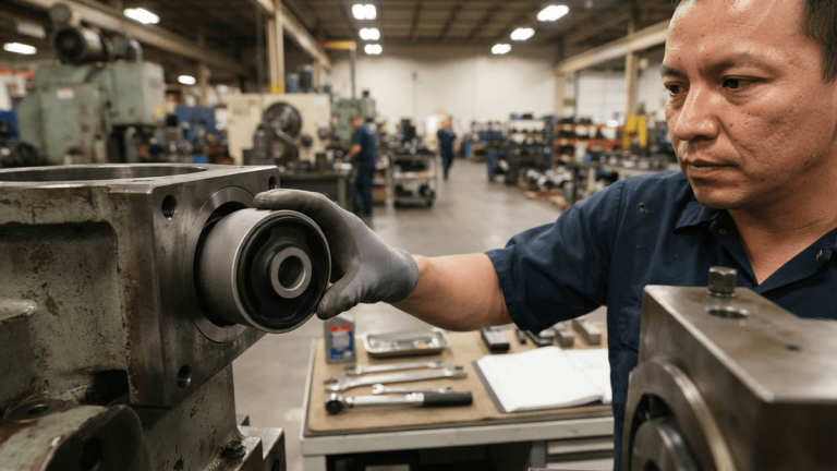 A close-up shot of a gloved hand holding a black elastomer-lined bushing near a piece of industrial machinery.