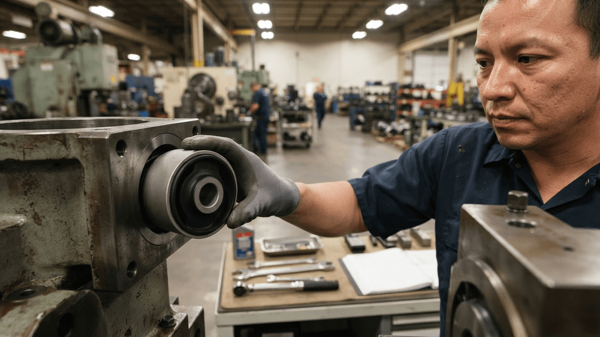 A close-up shot of a gloved hand holding a black elastomer-lined bushing near a piece of industrial machinery.