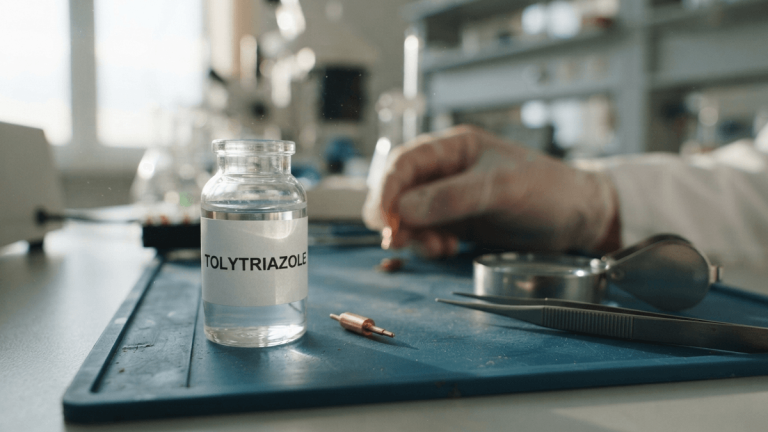 A close-up of a copper circuit component next to a vial labeled "TOLYTRIAZOLE" on an anti-static work mat.