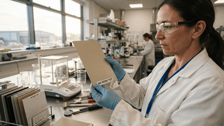 A researcher's gloved hands hold a metal panel coated with a new bio-based resin in an industrial R&D laboratory.