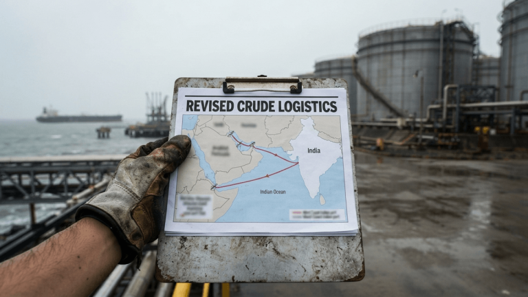 A hand holds a logistics map titled 'REVISED CRUDE LOGISTICS' in front of an Indian oil terminal and storage tanks.