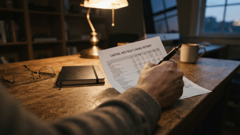 A close-up of a financial report titled 'CAPITAL RESTRUCTURING REPORT' on a wooden desk with a pen and glasses.