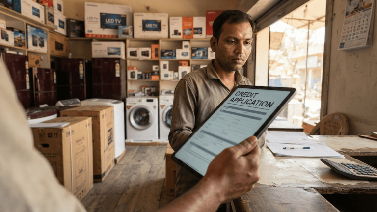 A hand holds a tablet with a "CREDIT APPLICATION" header in a brightly lit shop filled with boxed appliances.