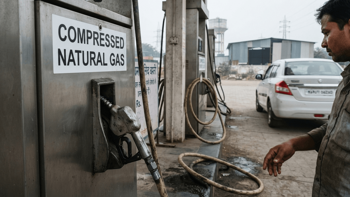 A close-up of a CNG fueling pump nozzle at a station, with a large label reading 'COMPRESSED NATURAL GAS'.