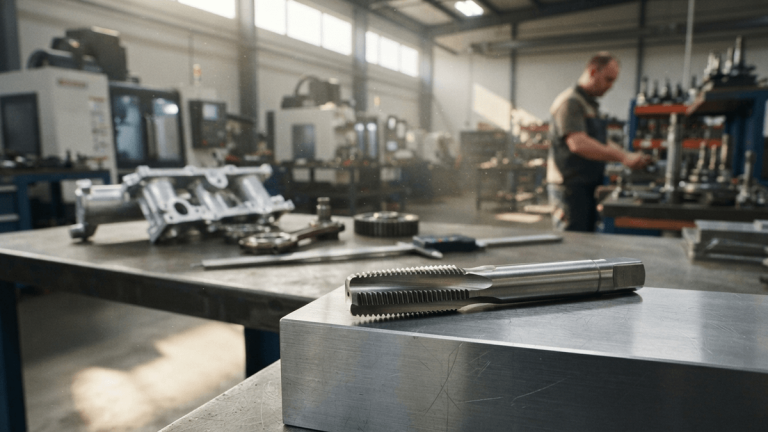 A close-up of a high-precision spiral flute machine tap resting on a steel surface in a manufacturing workshop.