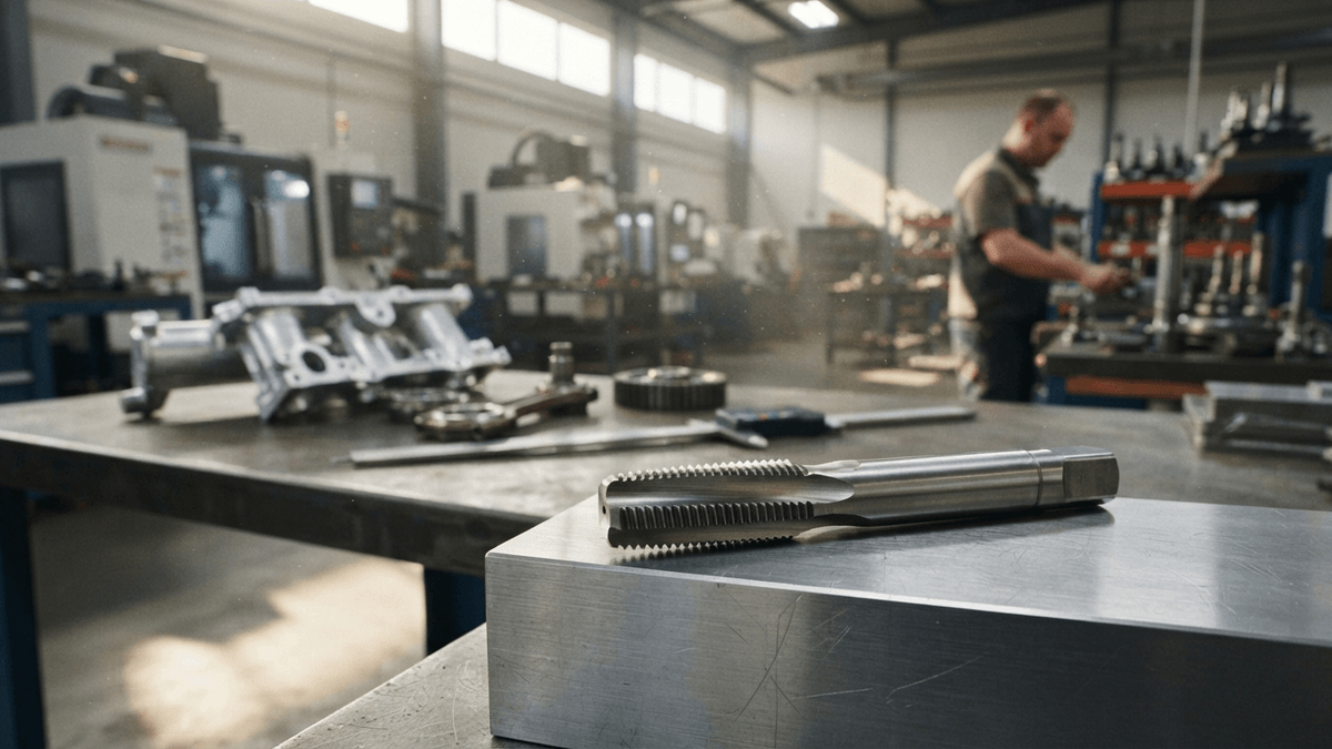 A close-up of a high-precision spiral flute machine tap resting on a steel surface in a manufacturing workshop.