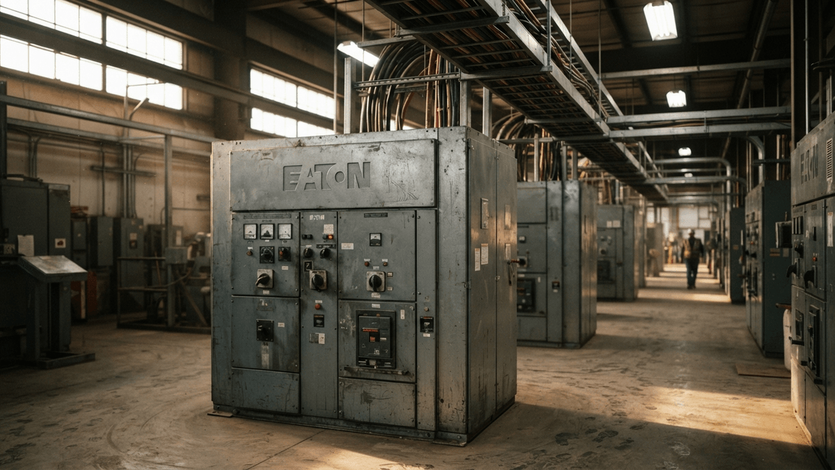 A close-up of a large industrial switchgear cabinet with the Eaton brand name visible on the metal surface.