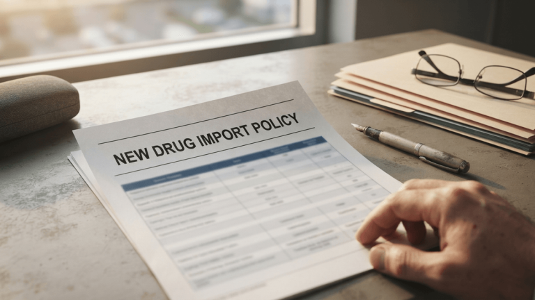 A government policy document on a desk with a header reading NEW DRUG IMPORT POLICY, alongside glasses and a pen.