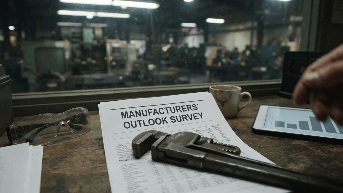 A printed NAM Manufacturers' Outlook Survey report on a cluttered factory office desk with a wrench on top of it.