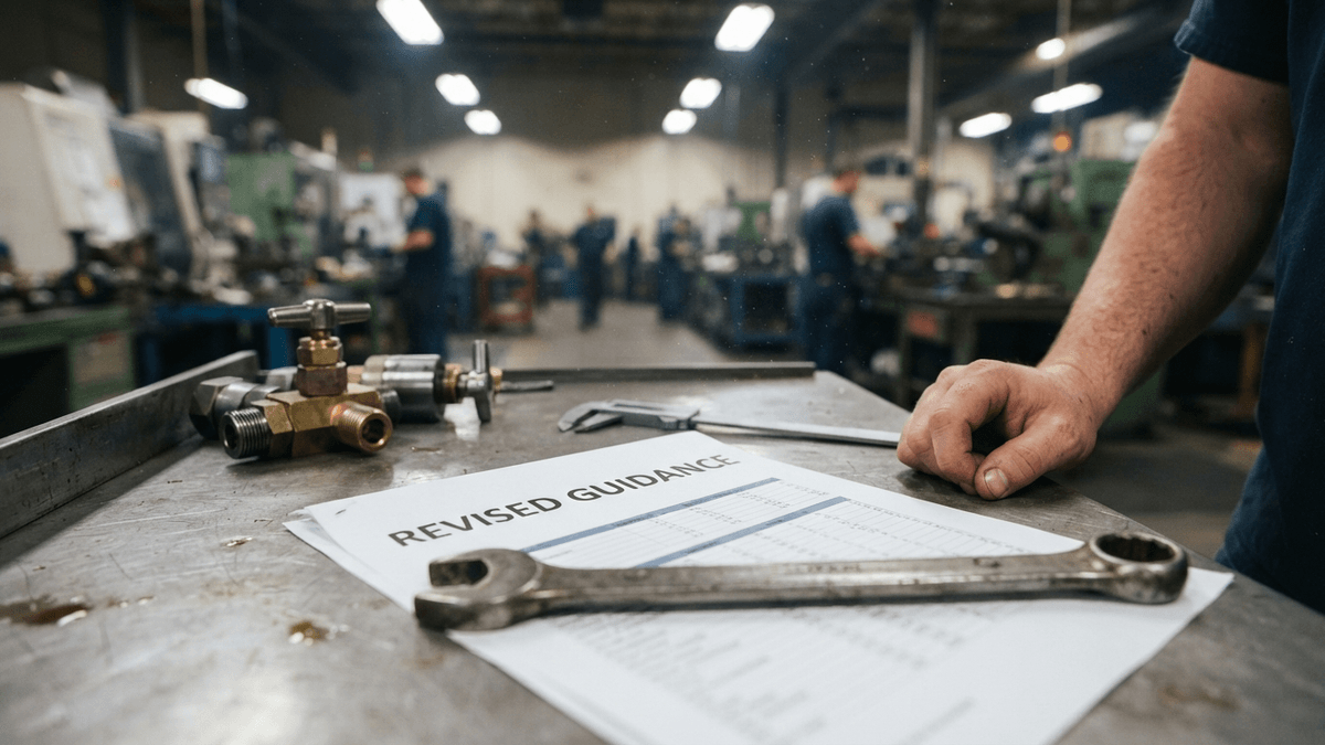 A close-up of a document titled 'REVISED GUIDANCE' on a factory workbench with industrial valves and a wrench.