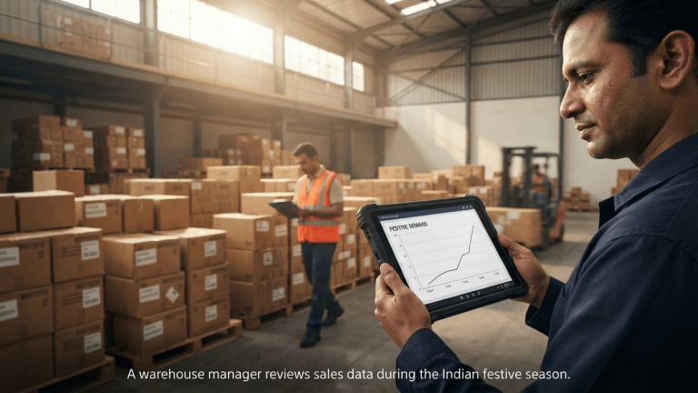 A warehouse manager holds a tablet displaying a sharp graph titled 'FESTIVE DEMAND' in a busy distribution center.