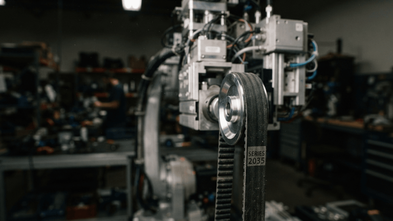 A close-up macro shot of a reinforced industrial drive belt wrapped around a steel pulley in a robotic arm assembly.