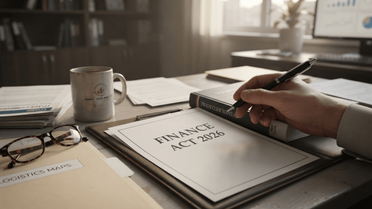 A desk featuring a document titled Finance Act 2026 next to trade compliance papers and a coffee mug.