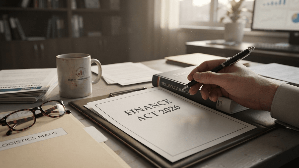 A desk featuring a document titled Finance Act 2026 next to trade compliance papers and a coffee mug.