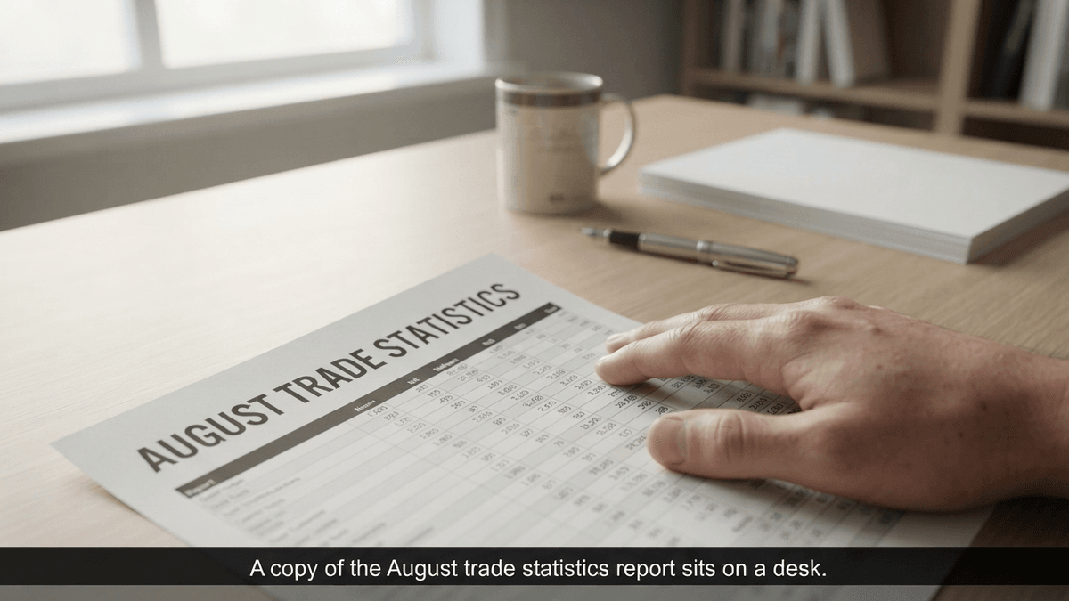 A close-up of a printed trade report titled 'AUGUST TRADE STATISTICS' on a desk with a hand partially covering the data.