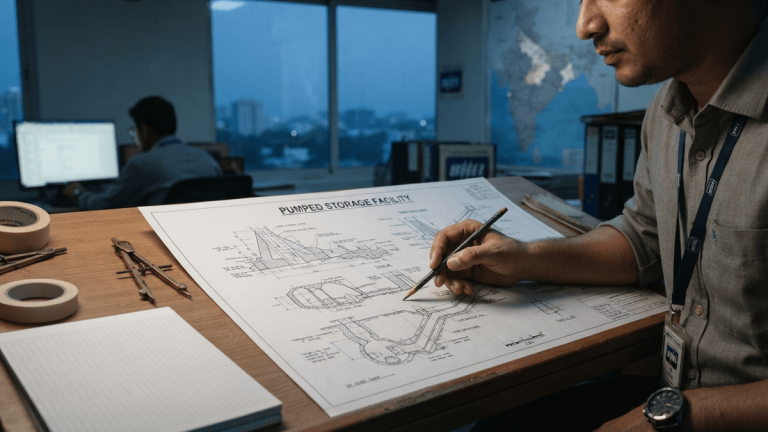 A close-up of an engineering blueprint titled PUMPED STORAGE FACILITY on a desk with drafting tools and a hand holding a pencil.