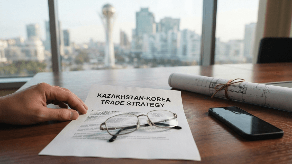 A document titled 'KAZAKHSTAN-KOREA TRADE STRATEGY' sits on a conference table with glasses and a blueprint nearby.