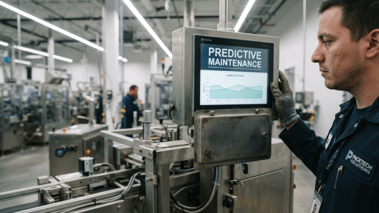 A close-up of a digital interface on a factory machine showing a predictive maintenance dashboard.