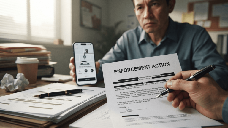 A desk with legal documents and a smartphone showing a ride-hailing app interface.