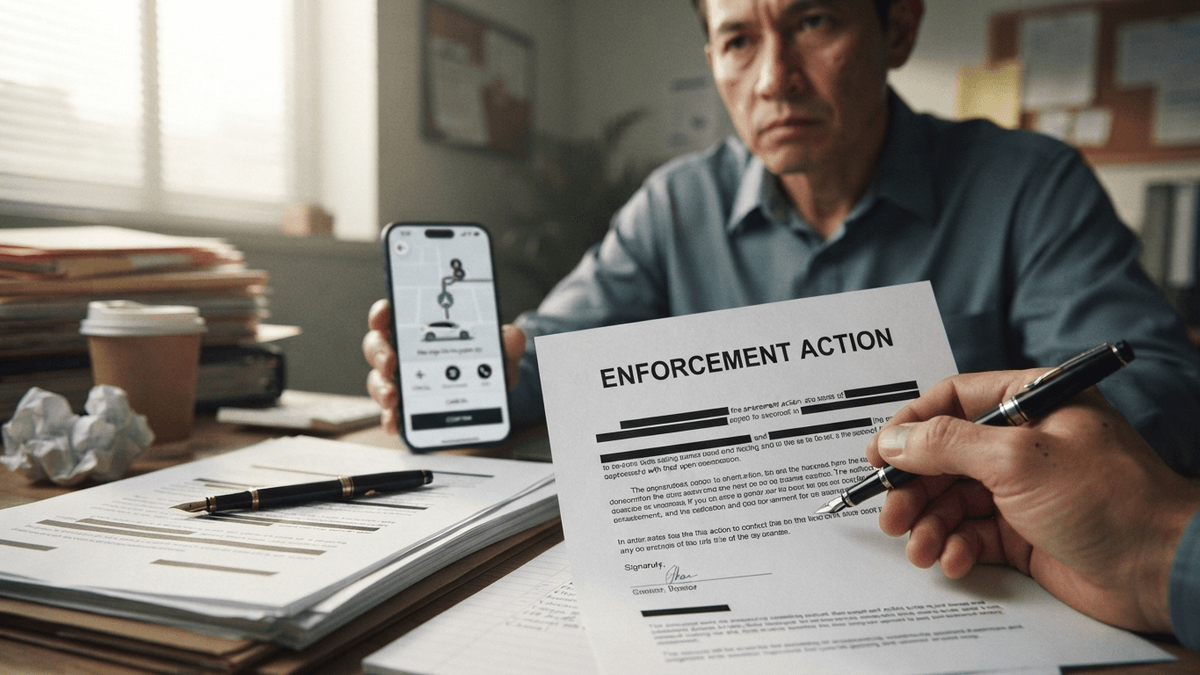 A desk with legal documents and a smartphone showing a ride-hailing app interface.