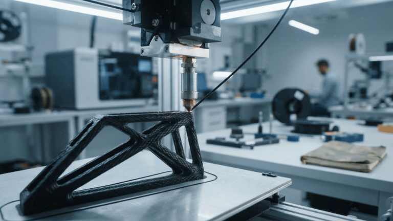 A close-up of a 3D printer nozzle extruding a continuous strand of composite fiber onto a structural part.