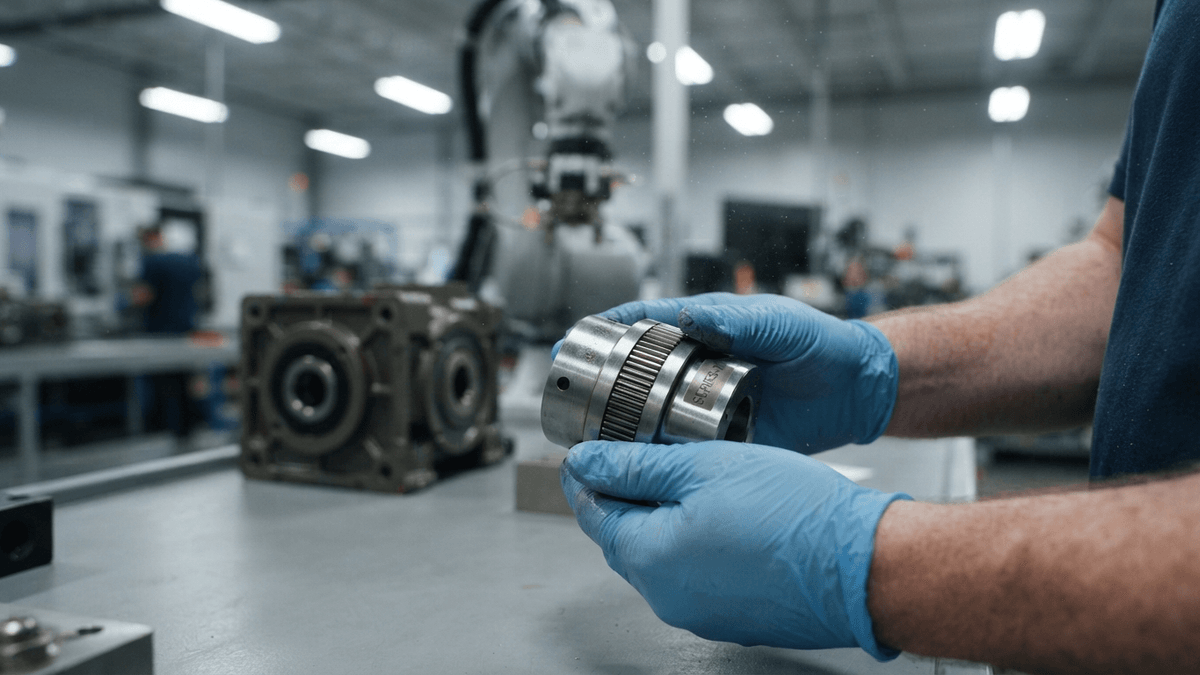 Close-up of a steel motor shaft coupling held by a gloved hand in a factory, with a robotic arm blurred in the background.